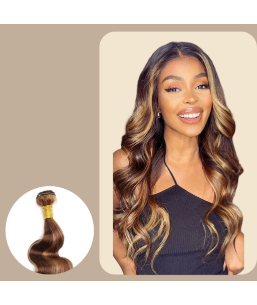 Tissage Vierge Human Hair Body Wave 7A Chatain Méché Blond P4/27 100 Gr brillant des détails fins