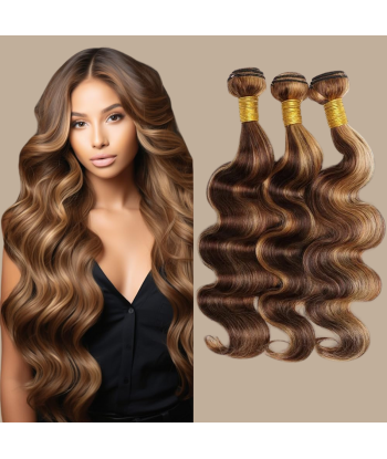 Tissage Vierge Human Hair Body Wave 7A Chatain Méché Blond P4/27 100 Gr brillant des détails fins