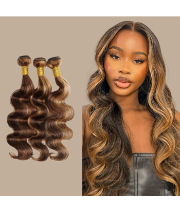 Tissage Vierge Human Hair Body Wave 7A Chatain Méché Blond P4/27 100 Gr brillant des détails fins