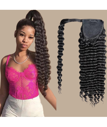 Queue de cheval Ponytail  Noir Ruban Magique Remy Hair Deep Wave Pour