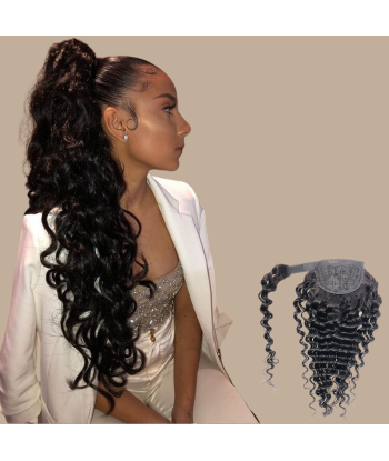 Queue de cheval Ponytail  Noir Ruban Magique Remy Hair Deep Wave Pour