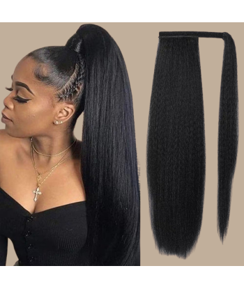 Queue de cheval Ponytail  Noir Ruban Magique Remy Hair Yaki Straight brillant des détails fins