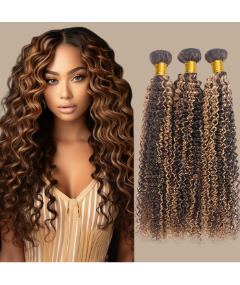 Tissage Cheveux Vierge Human Hair Kinky Curly 7A Chatain Méché Blond P4/27 100 Gr du meilleur 