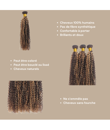 Tissage Cheveux Vierge Human Hair Kinky Curly 7A Chatain Méché Blond P4/27 100 Gr du meilleur 